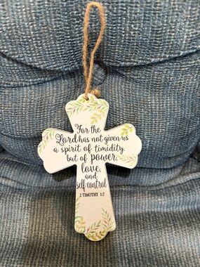 Wooden Hanging Cross Wall Decor - White with Green Leaf Accents